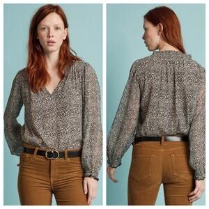 VELVET Mel Leopard Print Peasant Blouse SZ XL Cream Tan Black Crepe